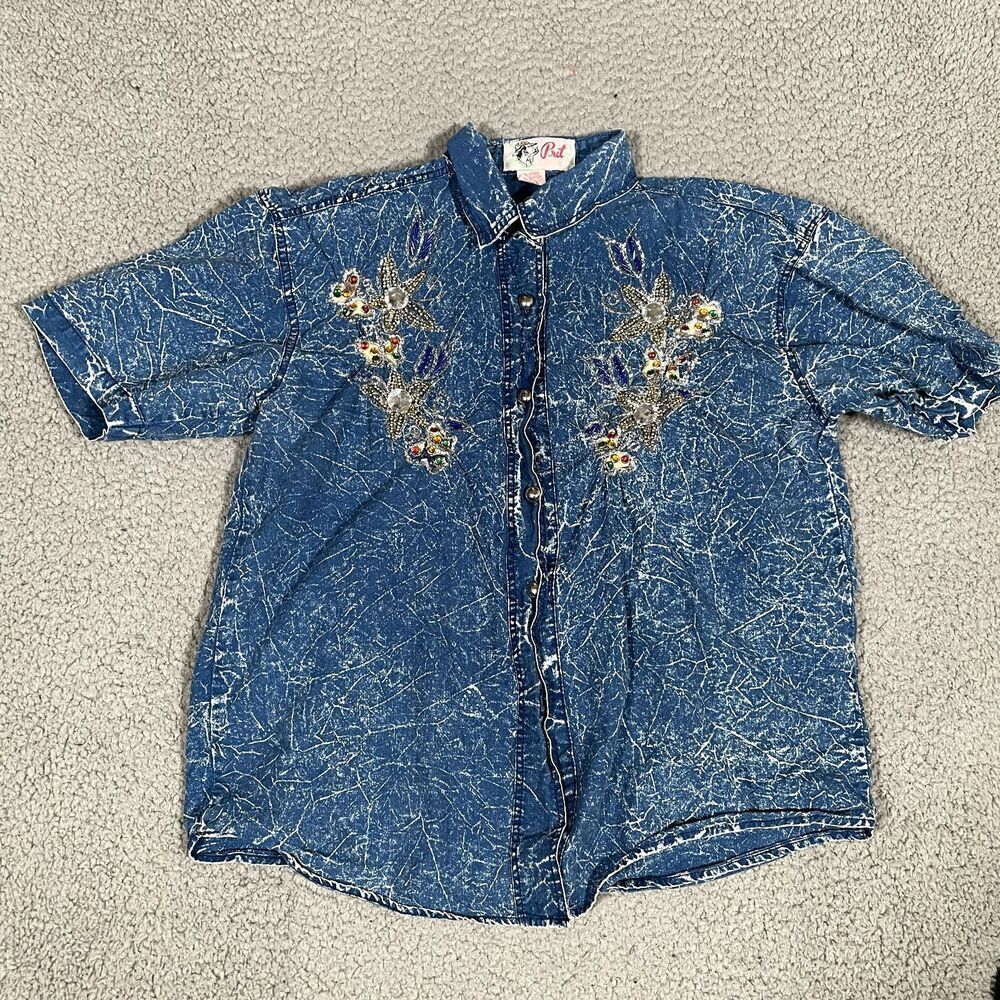 Vintage Pret Button Up Shirt Women Denim 80s 90s Jewel Rhinestone Western Small